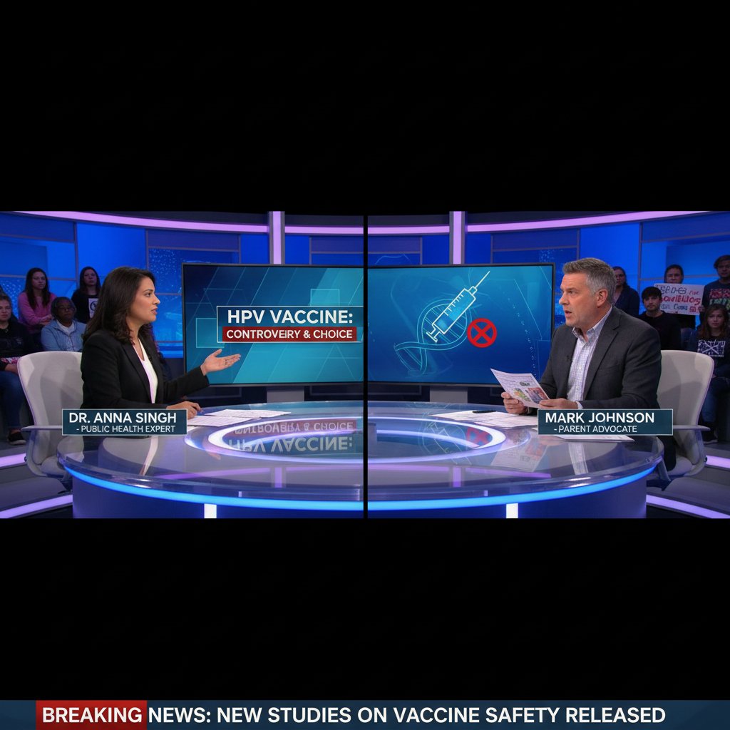 Dwie osoby dyskutujące w telewizji na temat szczepień HPV, emocjonująca debata