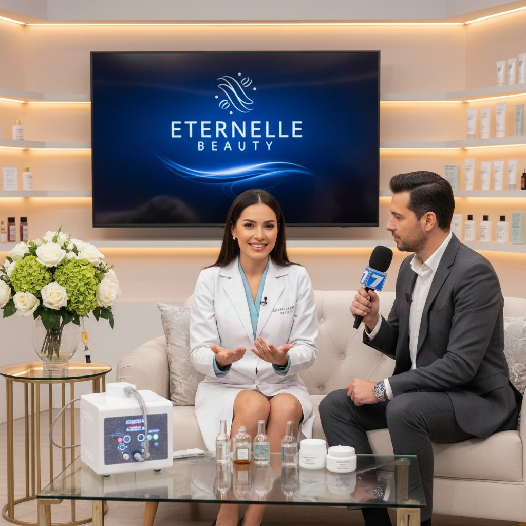 Plan zdjęciowy programu telewizyjnego o zabiegach beauty, widoczni prowadzący i ekspertka z urządzeniem RF