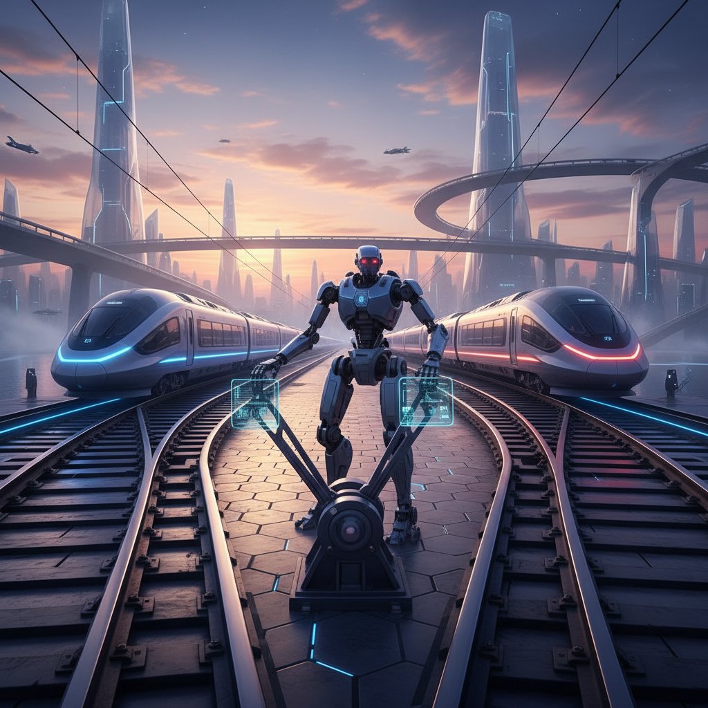 Rozjazd kolejowy, futurystyczny pociąg i robot przy zwrotnicy, zmierzch