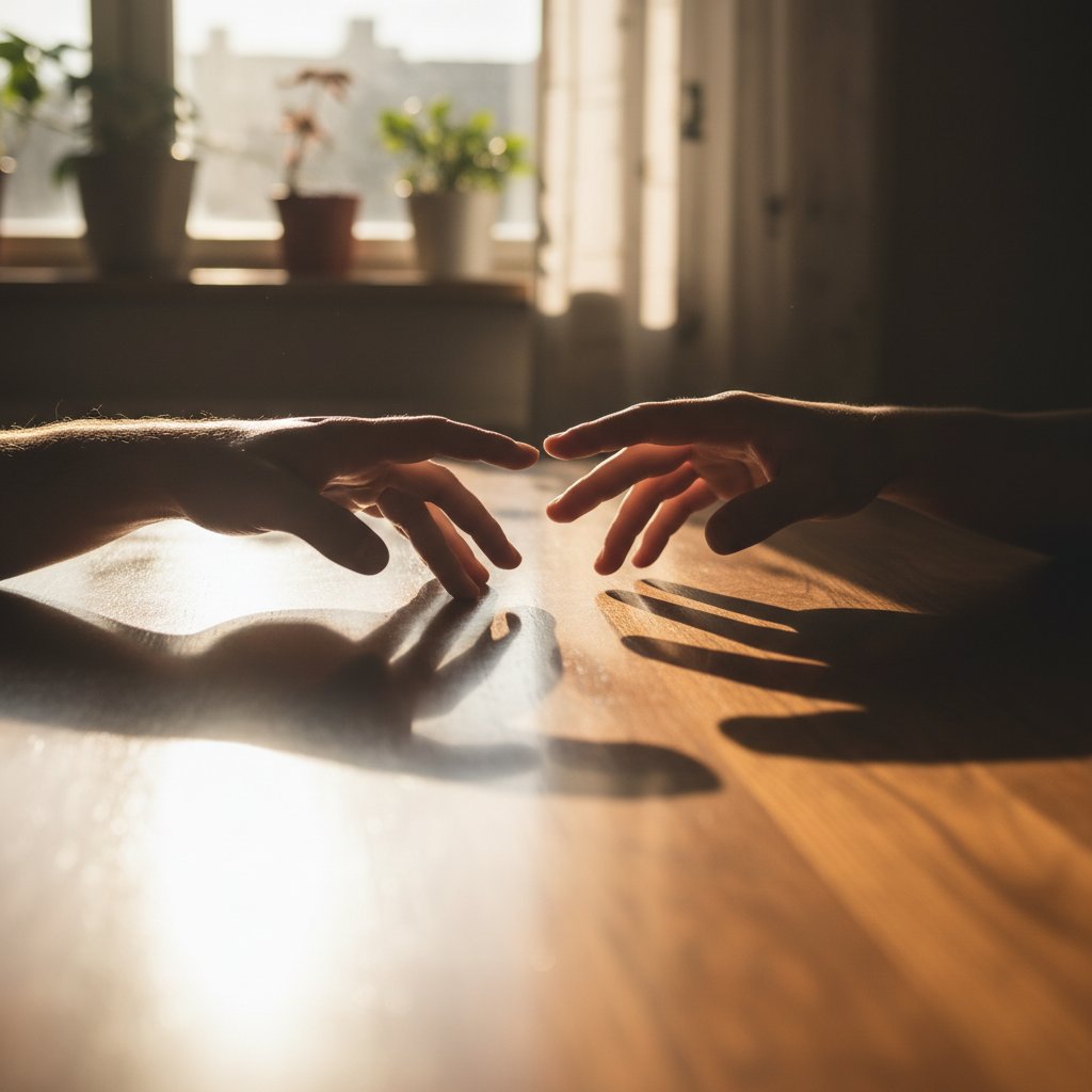 Dwie dłonie sięgające po siebie nad stołem, silne światło i cień