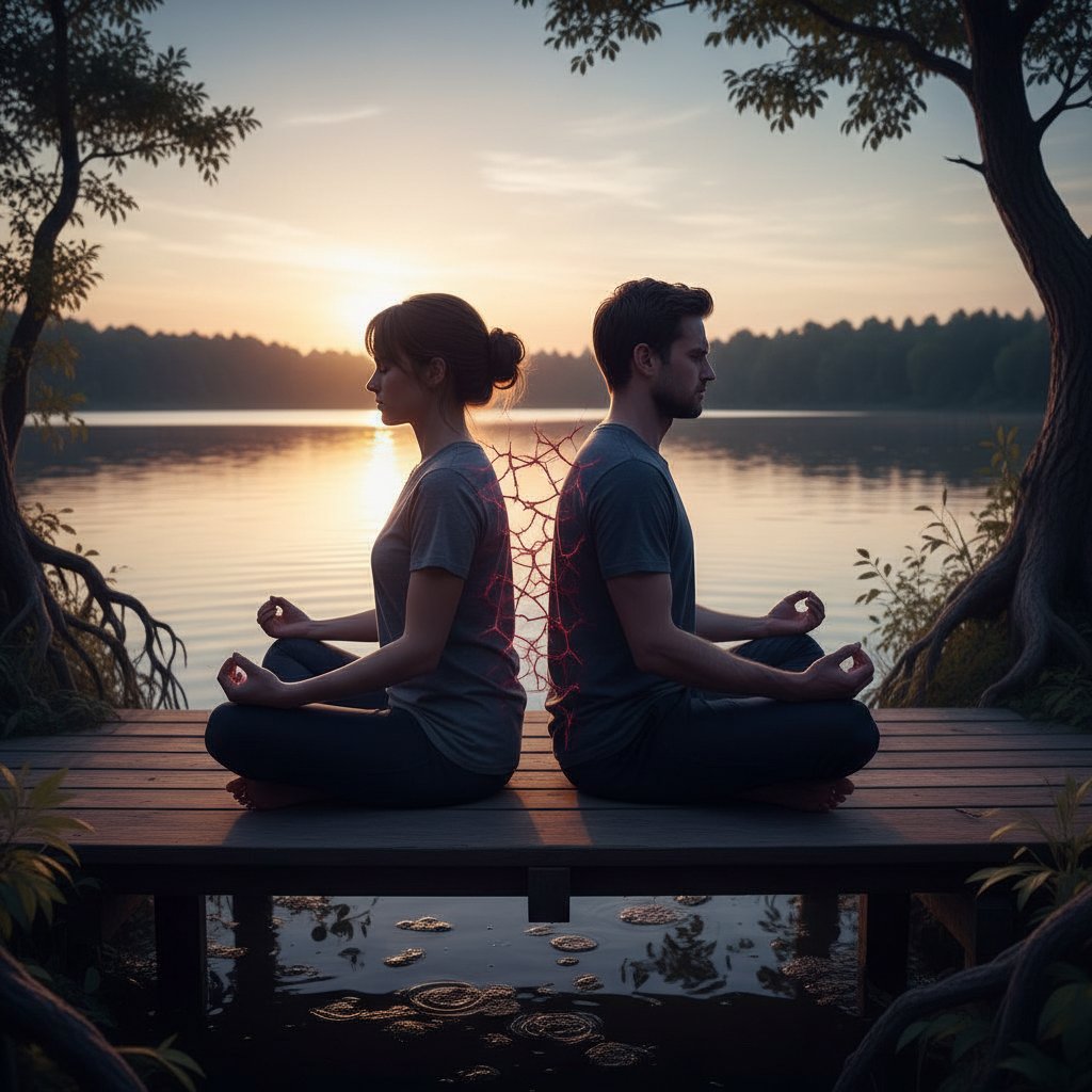 Partners practicing mindfulness together but emotionally distant, highlighting mindfulness avoidance in relationships