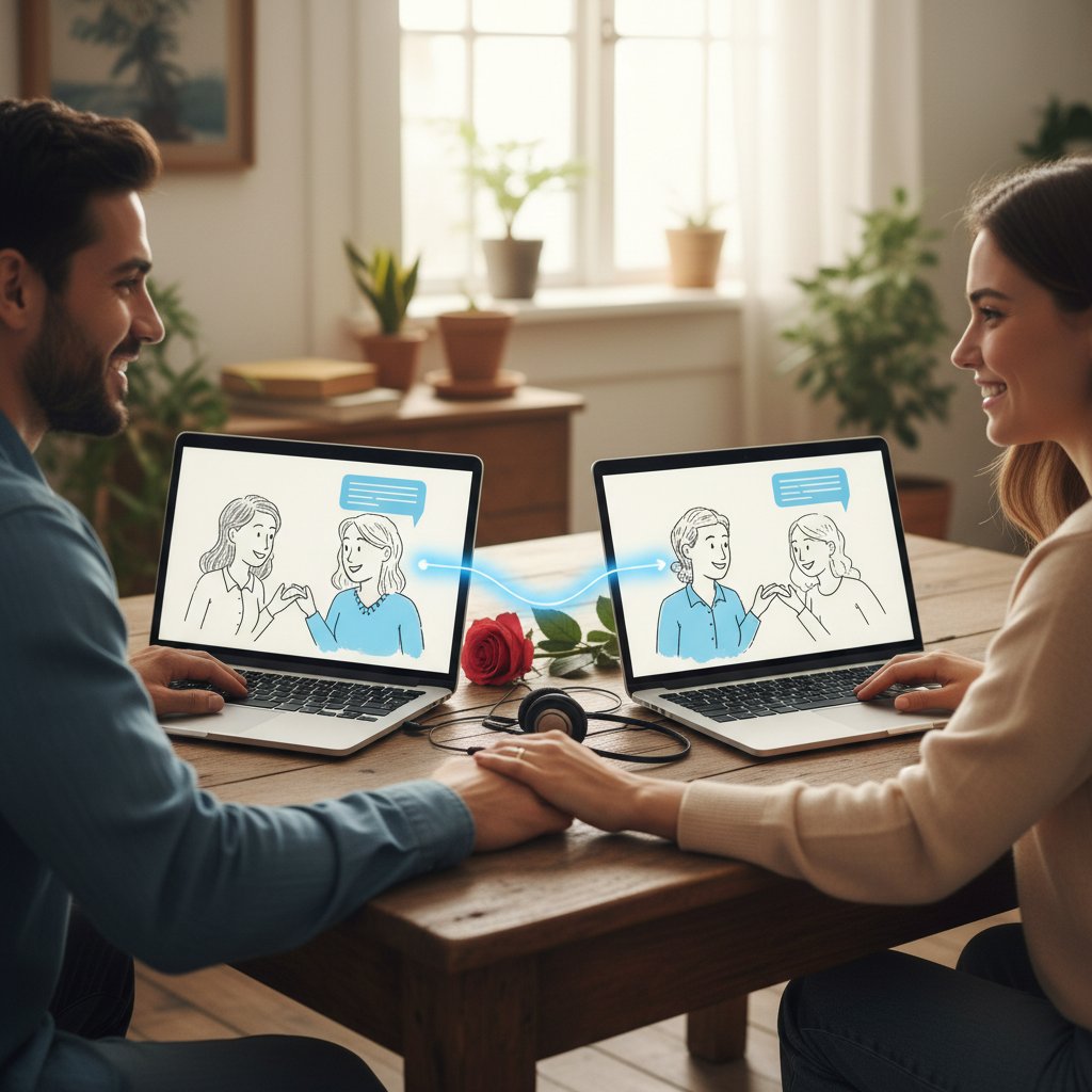 Dwie osoby rozmawiające wirtualnie, symbol prawdziwej relacji online