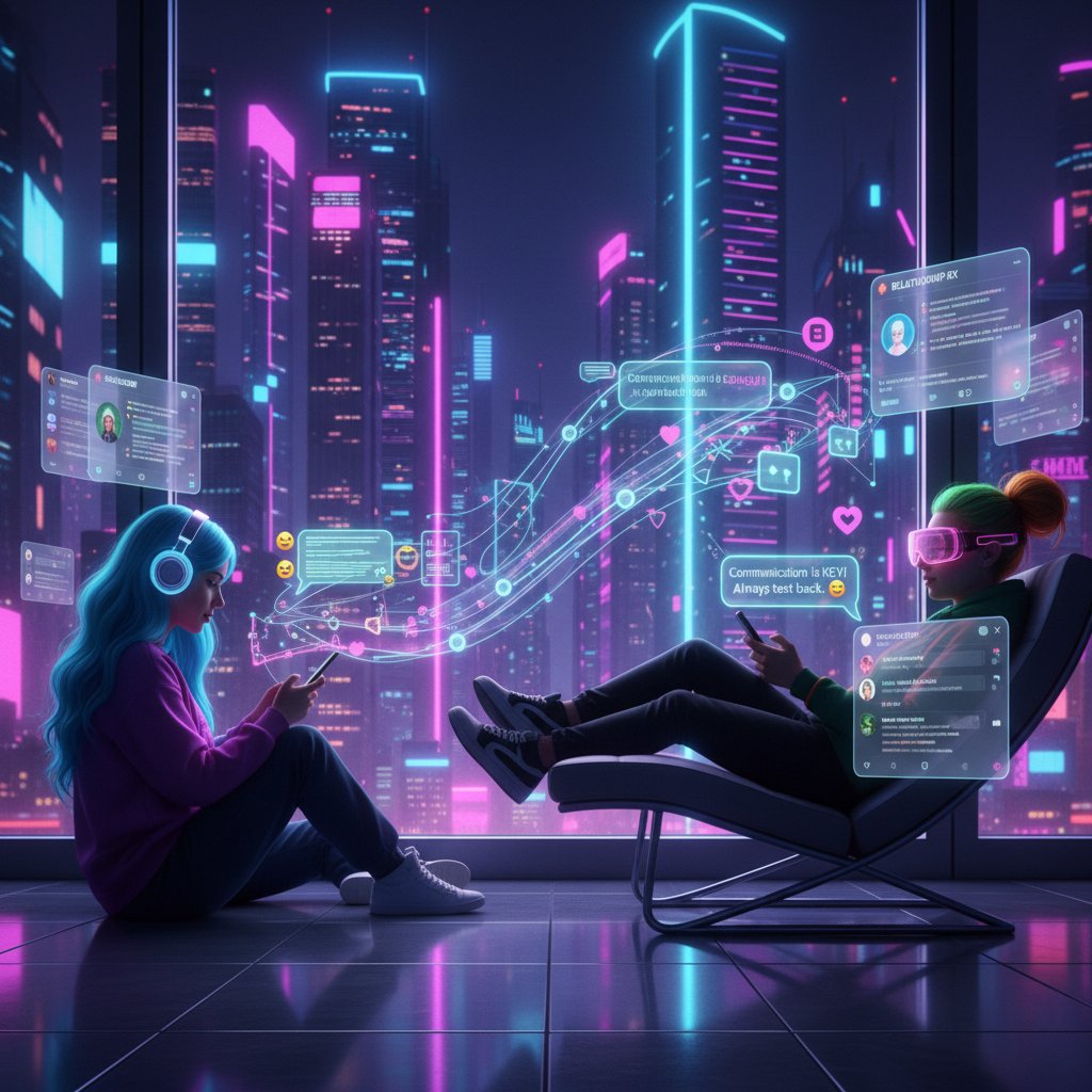 Two people messaging each other late at night, neon city background, digital intimacy, relationship advice social media