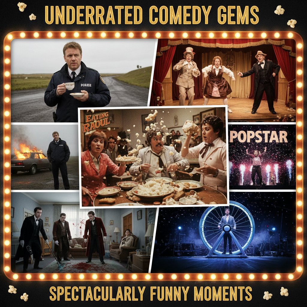 Montage of scenes from underrated comedy movies, each with wild costumes, surreal settings, and comedic energy