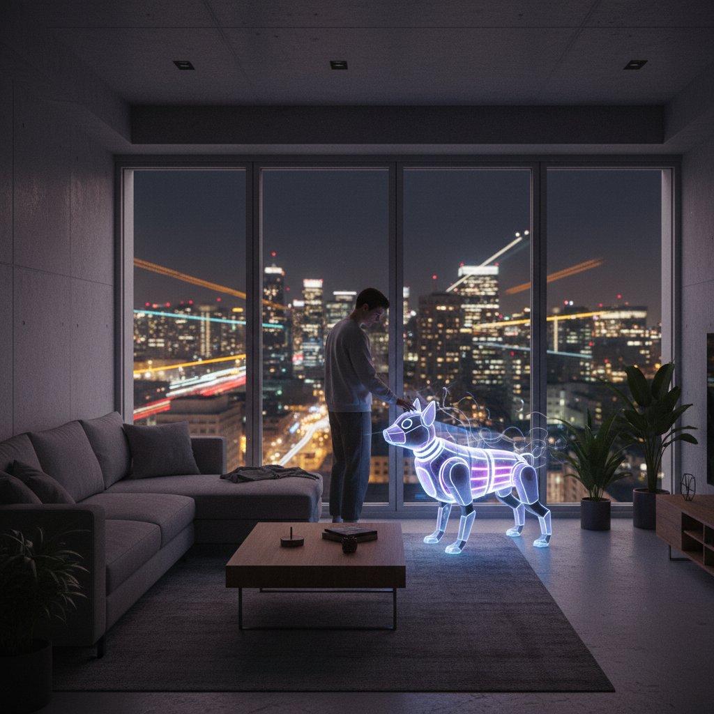 Osoba w polskim mieszkaniu nocą z wirtualnym pieskiem AI, urban loneliness, digital comfort