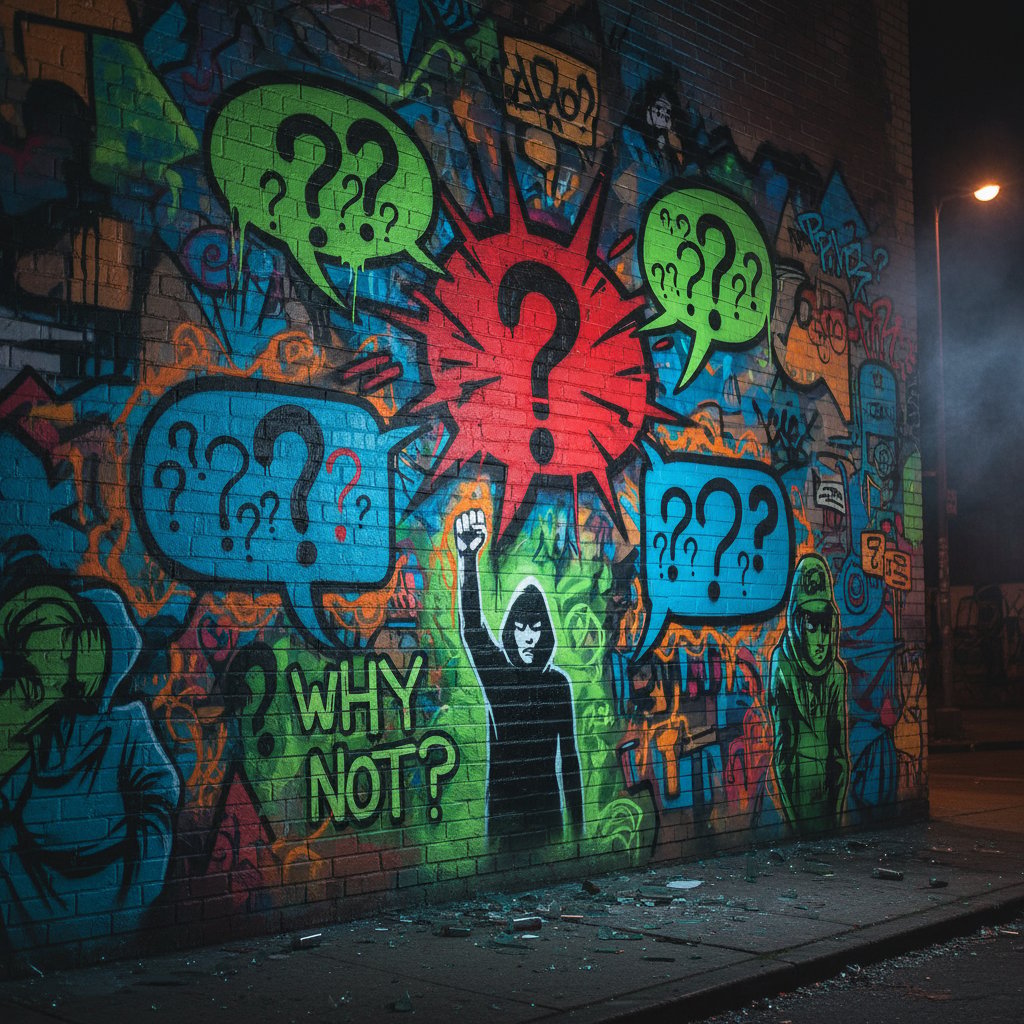 Sztuka uliczna symbolizująca powierzchowne rozmowy w miejskiej przestrzeni, graffiti z dymkami i znakami zapytania