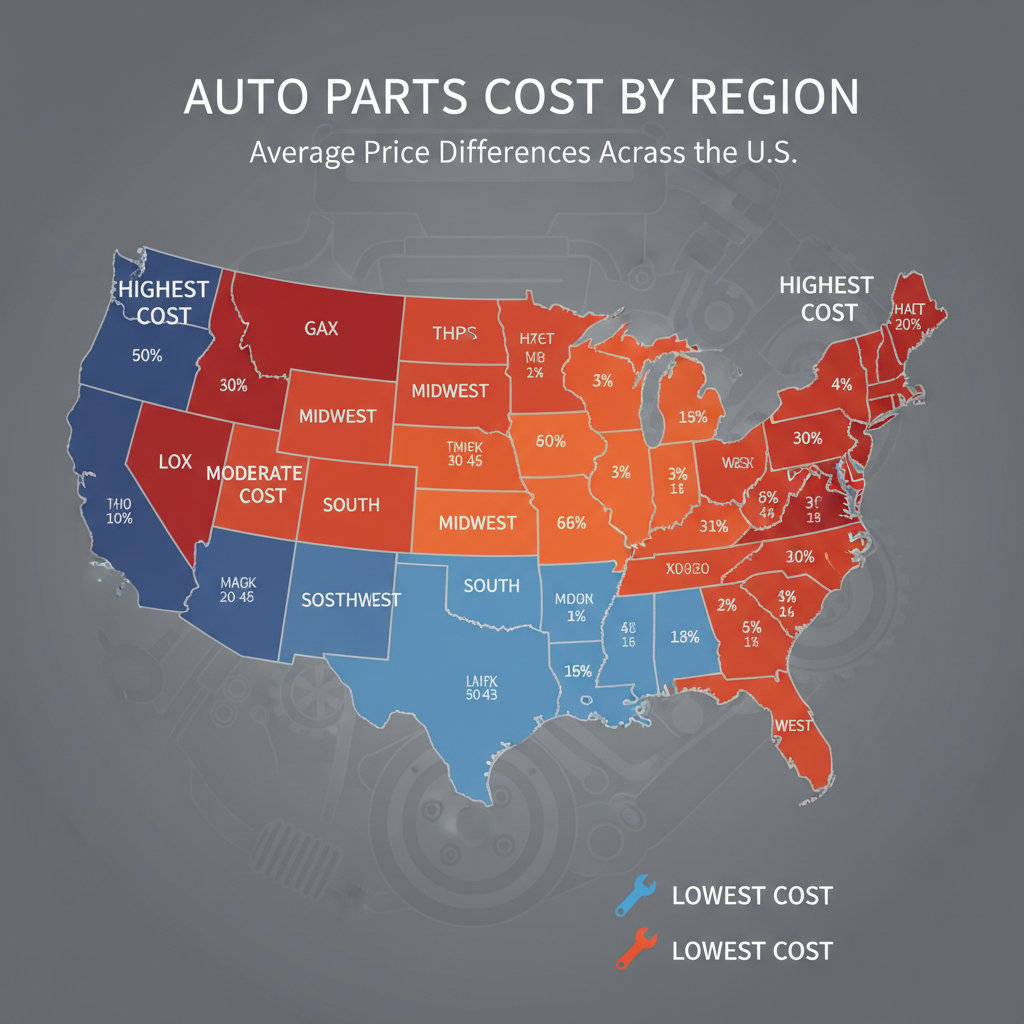 Map showing U.S. regional differences in car parts cost with high and low price zones