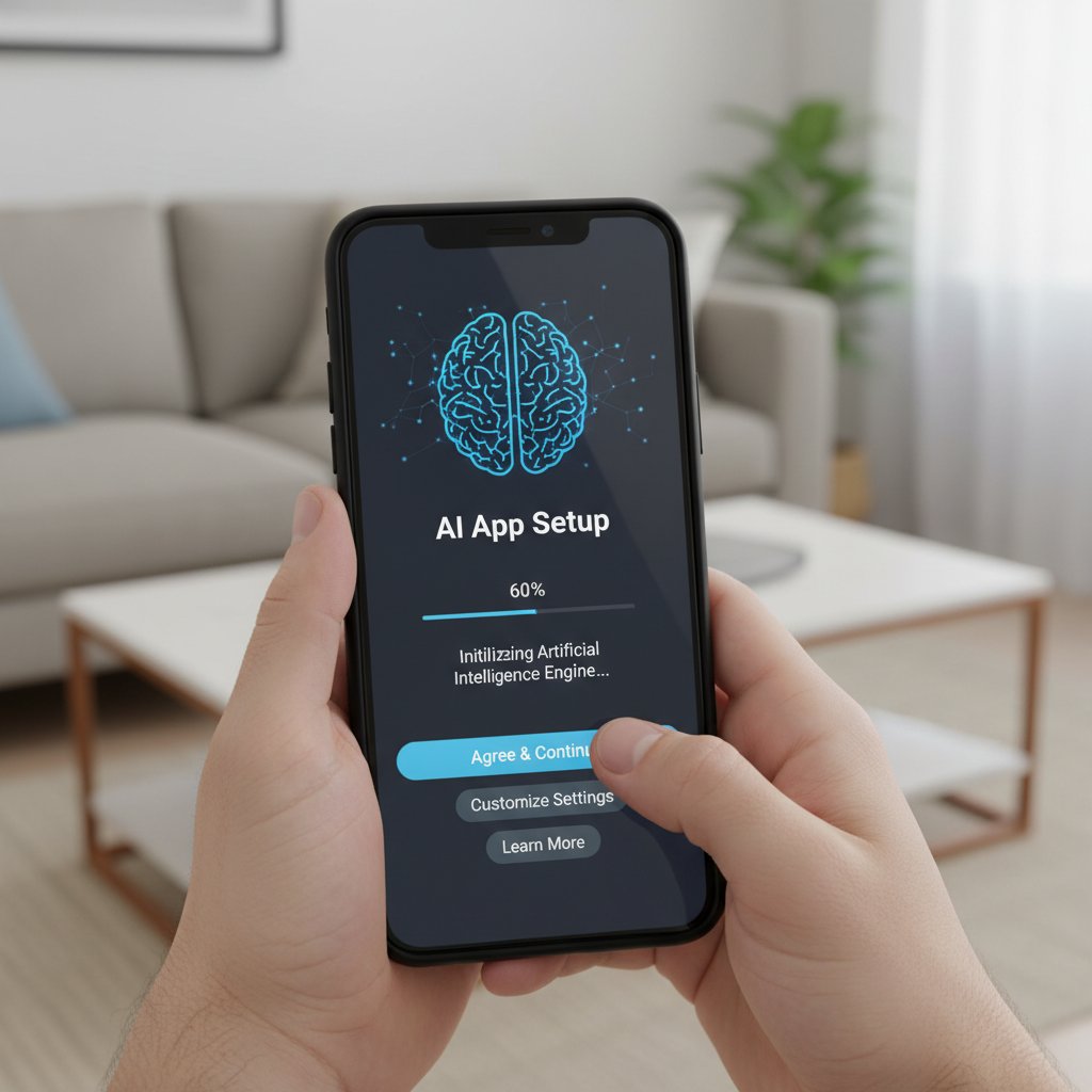 Użytkownik konfigurujący aplikację AI na smartfonie po raz pierwszy