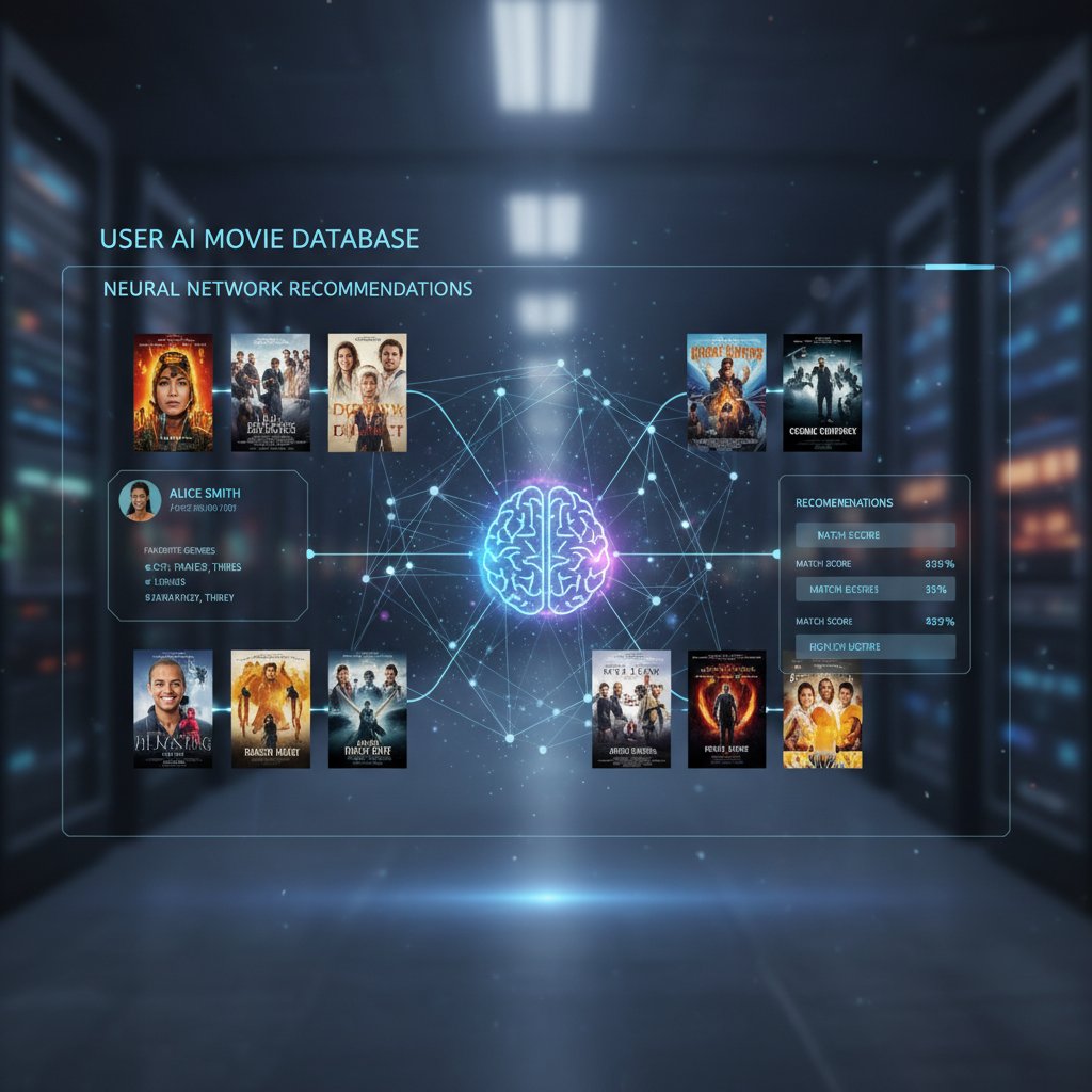 Visual diagram of data flow between user, AI, and movie database, with neural network overlays, 16:9