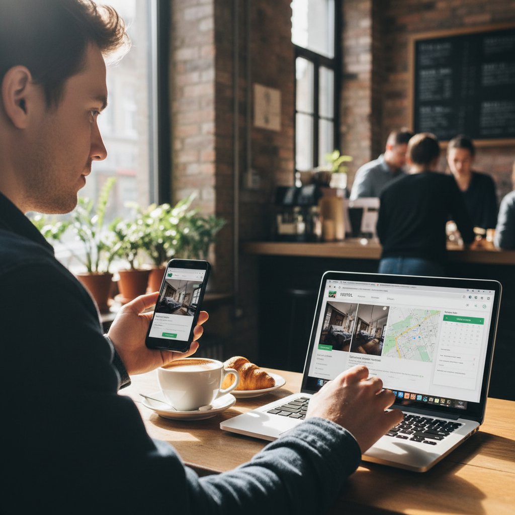 User booking hotel on mobile and desktop, side-by-side in coffee shop, natural light