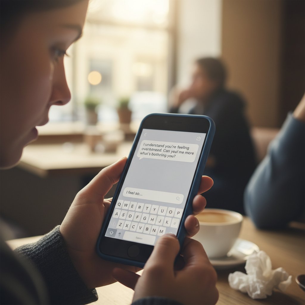 High-contrast photo of a user laughing and frowning at a chatbot screen, moody real-world setting, AI chatbot user testing