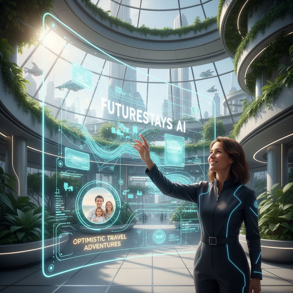 Futuristic photo of user interacting with glowing futurestays.ai interface, optimistic editorial look