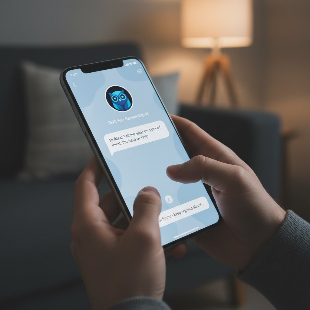 User texting on a sleek app interface, looking pensive, setting expectations for AI relationship advice