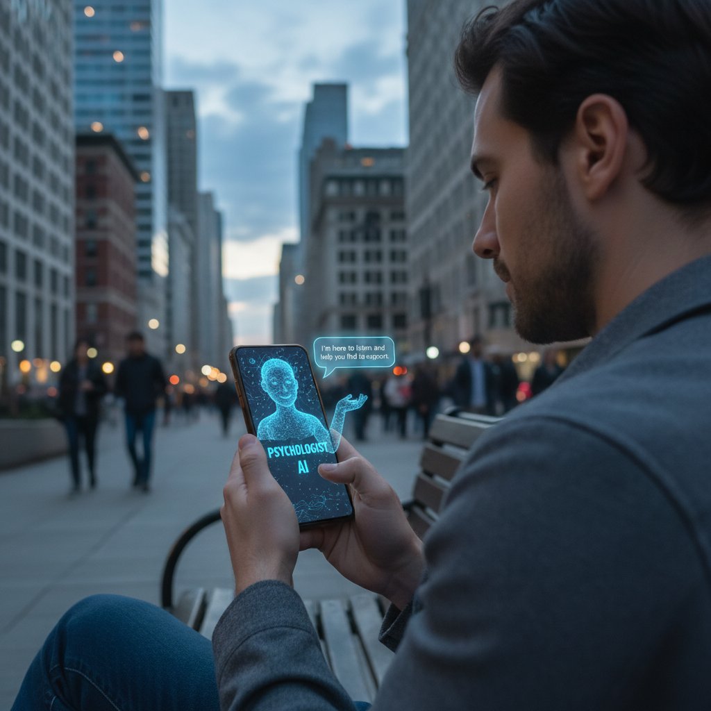 Użytkownik korzystający z aplikacji mobilnej psycholog.ai w miejskiej przestrzeni, wyraz skupienia, słowa kluczowe: psycholog.ai, wsparcie AI, czat z psychologiem