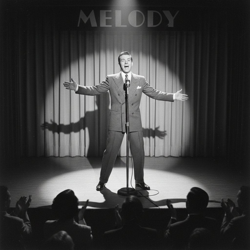 Vintage film still of an exaggerated lip sync performance in black and white with high drama