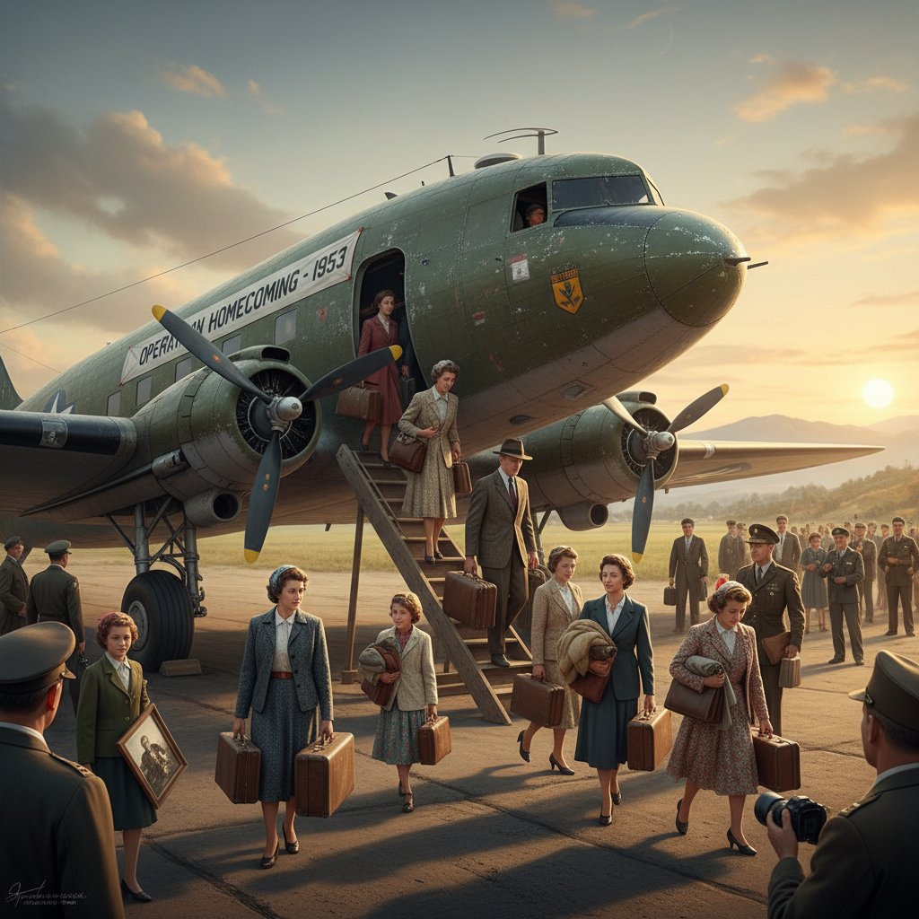 Dramatic photograph of vintage aircraft loading civilians during a historical repatriation