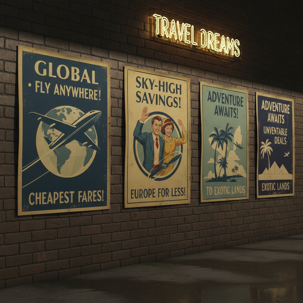 Editorial photo of vintage travel posters, moody lighting. Alt: 'Vintage airline ads promoting cheap fares.'