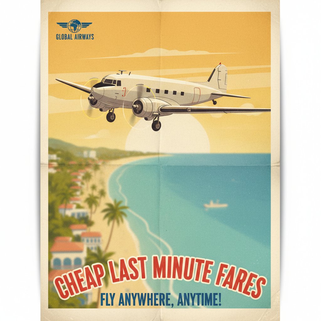 Retro airline poster promising cheap last minute fares, evoking the myth of spontaneous travel deals in the 2020s
