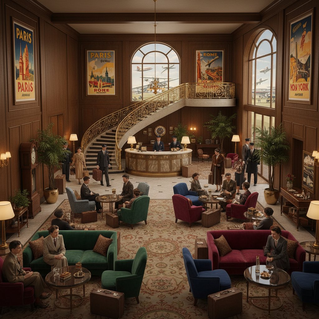 Retro airport hotel lobby with travelers and classic decor