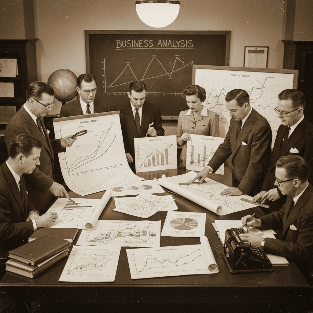 A vintage photo of business professionals analyzing physical charts for market trend insights