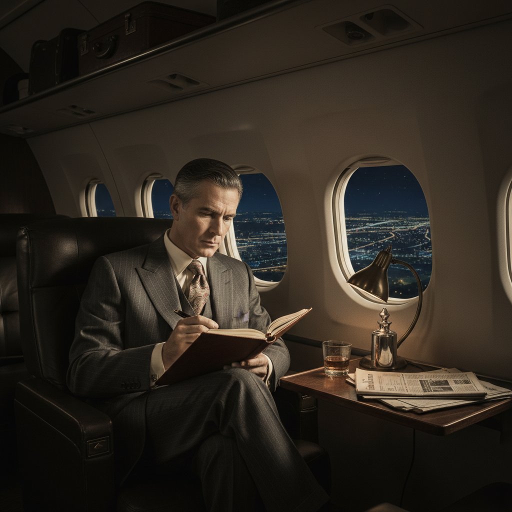 Vintage business traveler boarding red eye flight at night, black-and-white 1970s scene with overnight flight ambiance