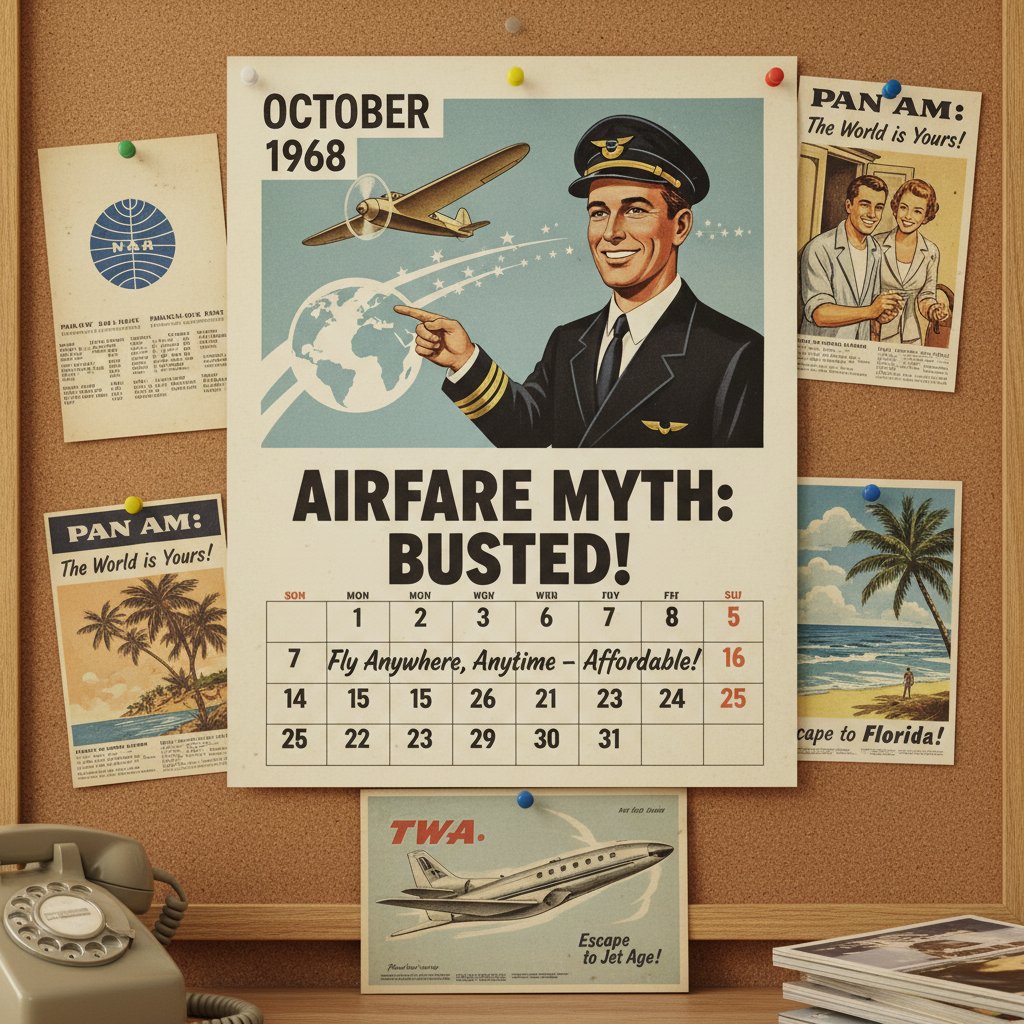 Vintage calendar showing Tuesday airfare myth origins, retro airline ads and faded travel posters in background