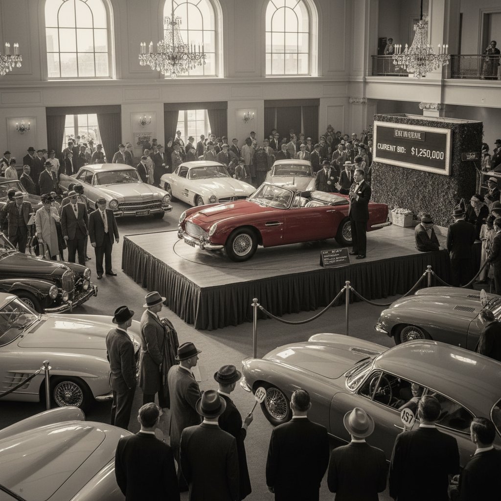 Early car auction scene, vintage style, showing bidders and classic vehicles at an old-school auction house