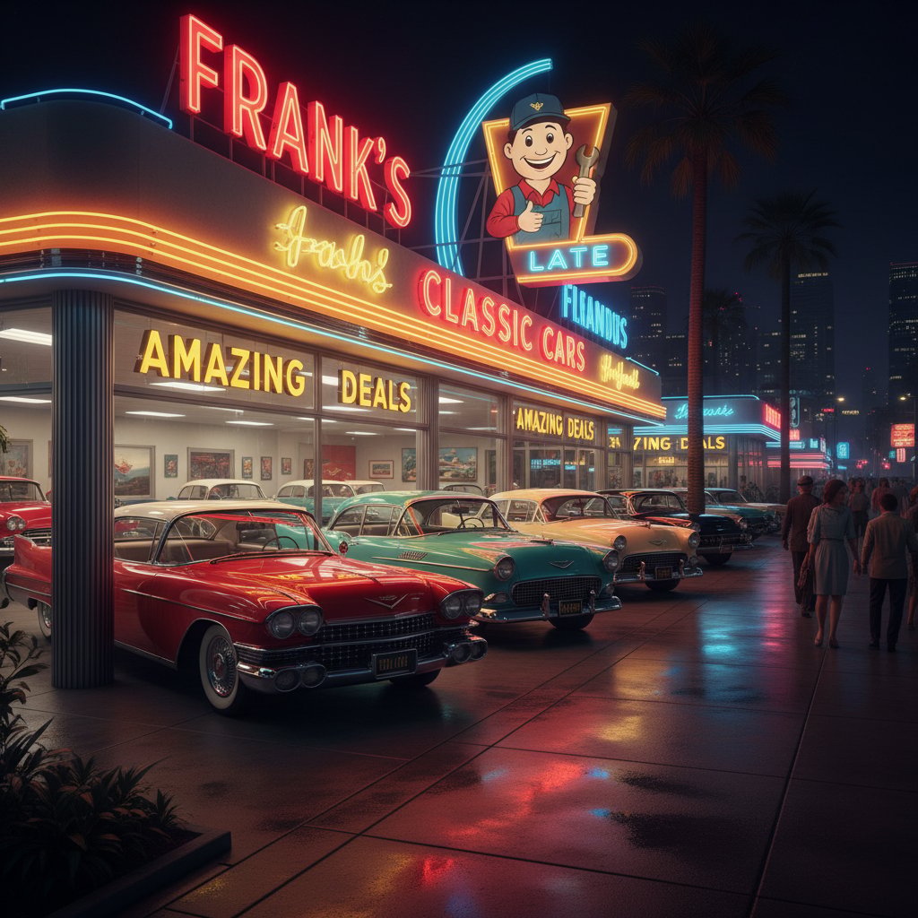 Vintage car dealership at night 1950s style with neon lights and urban nostalgia