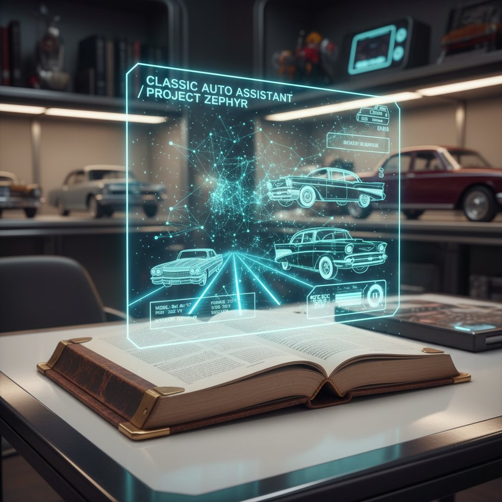 A juxtaposition of a vintage car guidebook and a modern user with a sleek AI car buying interface, symbolizing the evolution from print to algorithmic advice