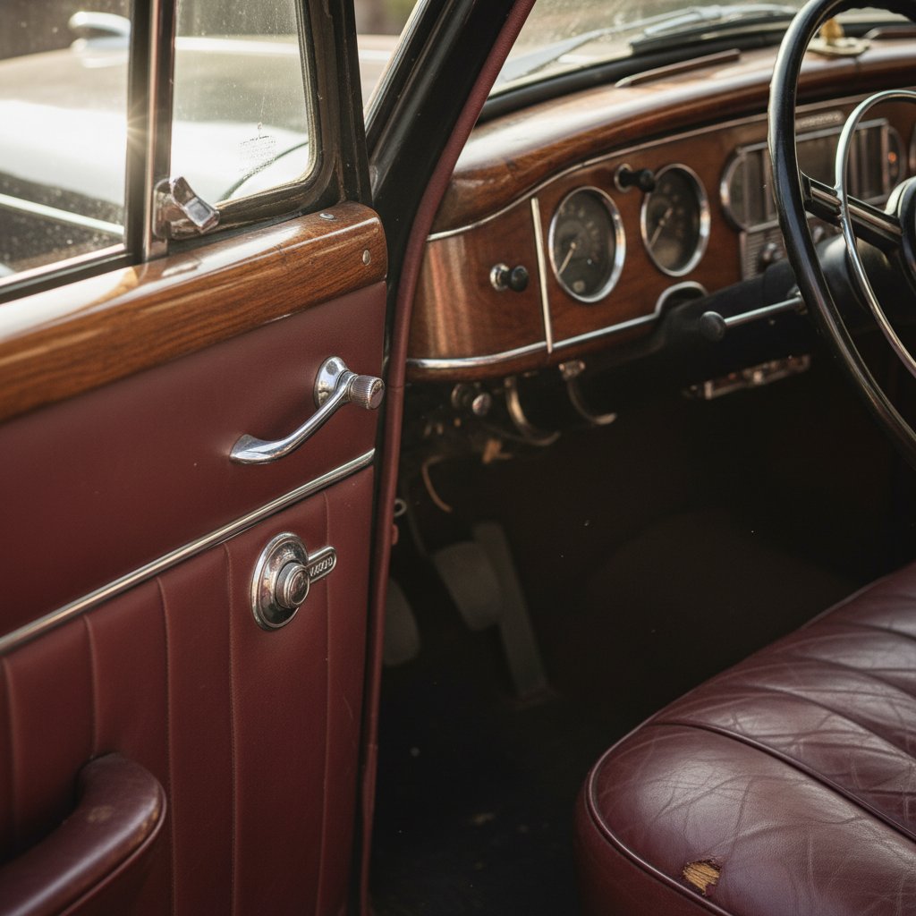 Vintage car interior lacking child safety locks