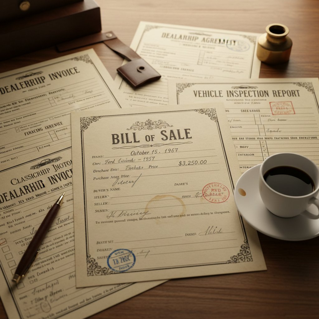 Vintage car sales contract showing first doc fees in the 1970s, dealership paperwork stack in focus