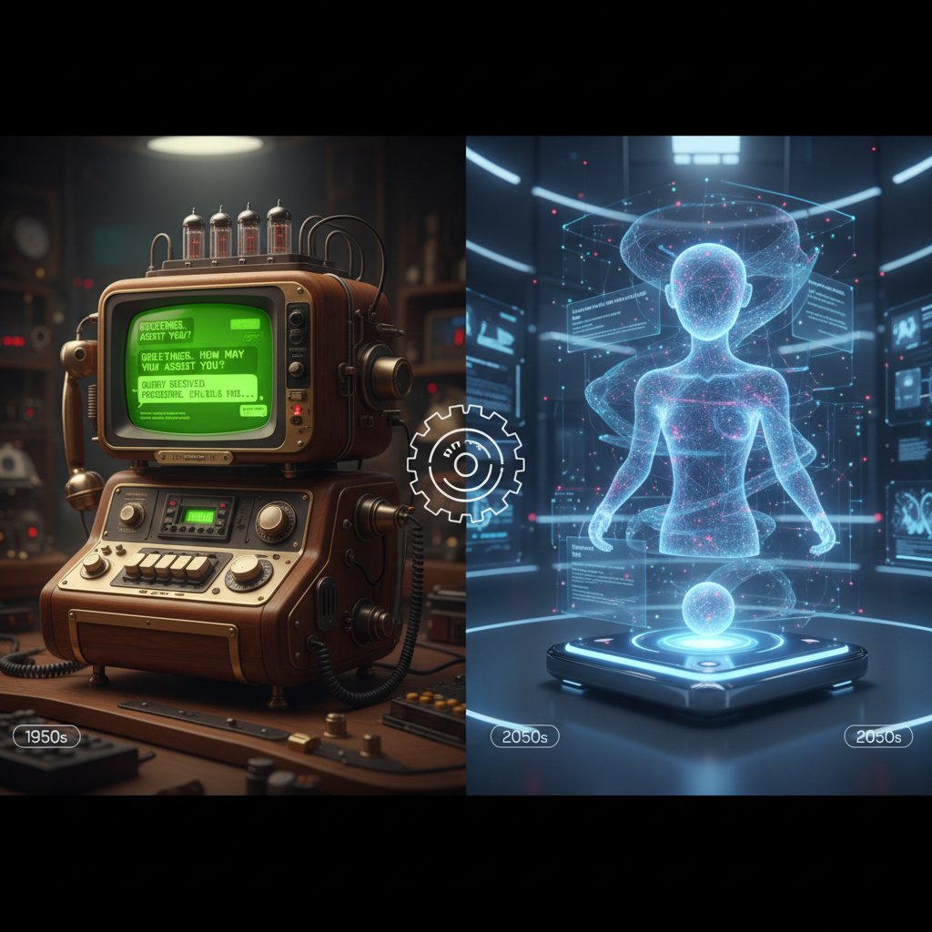 Vintage chatbot interface beside futuristic AI chatbot UI, contrasting old and new chatbot measurement approaches