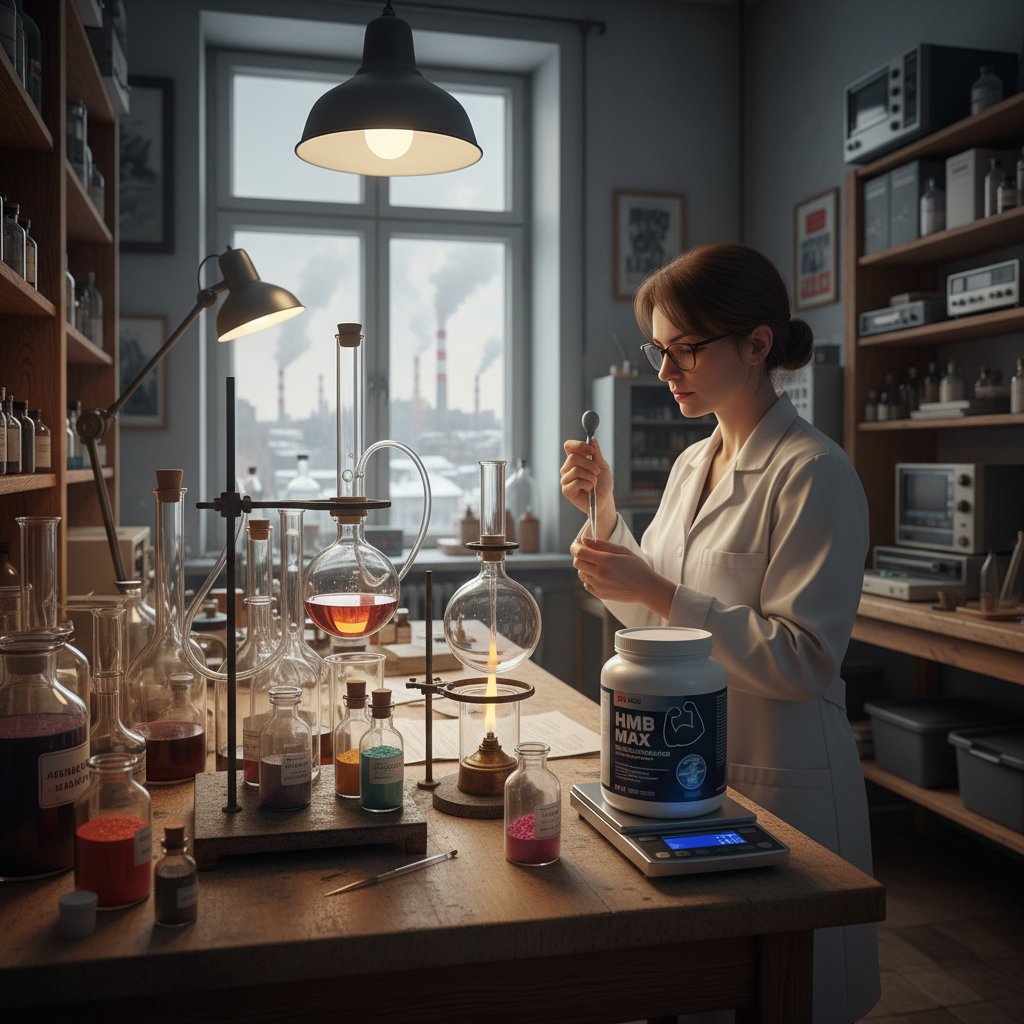 Historia odkrycia HMB w laboratorium, zestawienie starego sprzętu chemicznego i nowoczesnego opakowania HMB