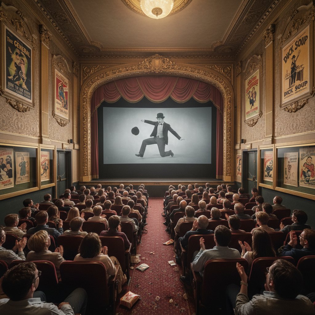 Old-school cinema audience watching a classic comedy, faces lit by the projector, with vintage movie posters on the wall