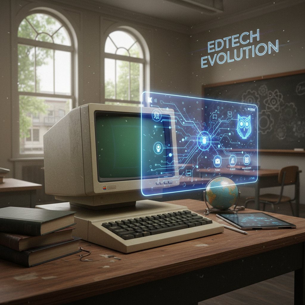 Vintage classroom computer and modern AI interface, illustrating the tech evolution in education