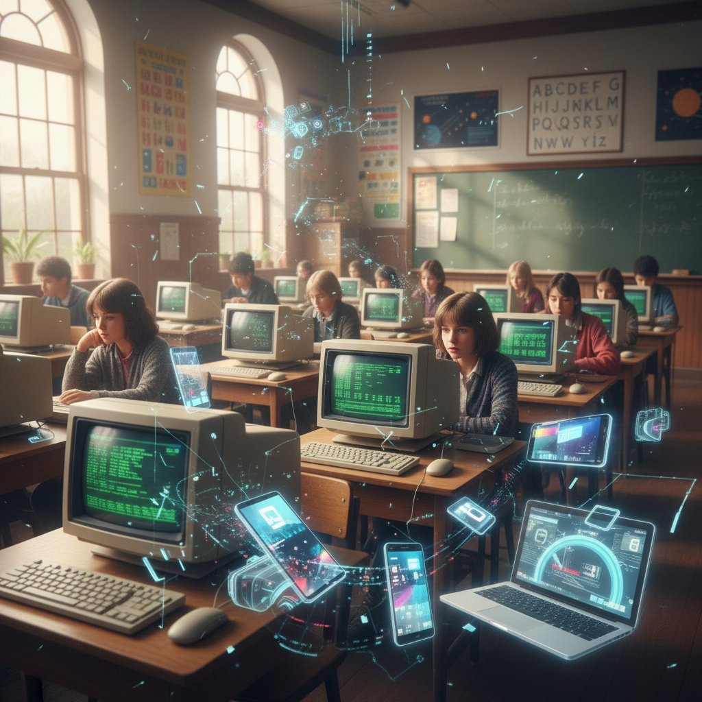 Zestawienie starej i nowoczesnej technologii w kontekście edukacji cyfrowej.