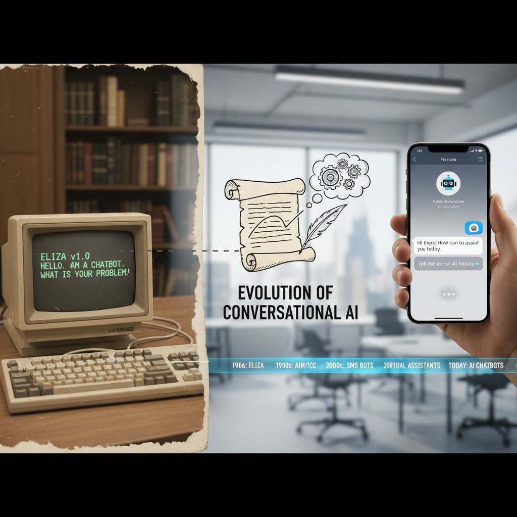 Split panel showing vintage computer and modern smartphone both running chatbots