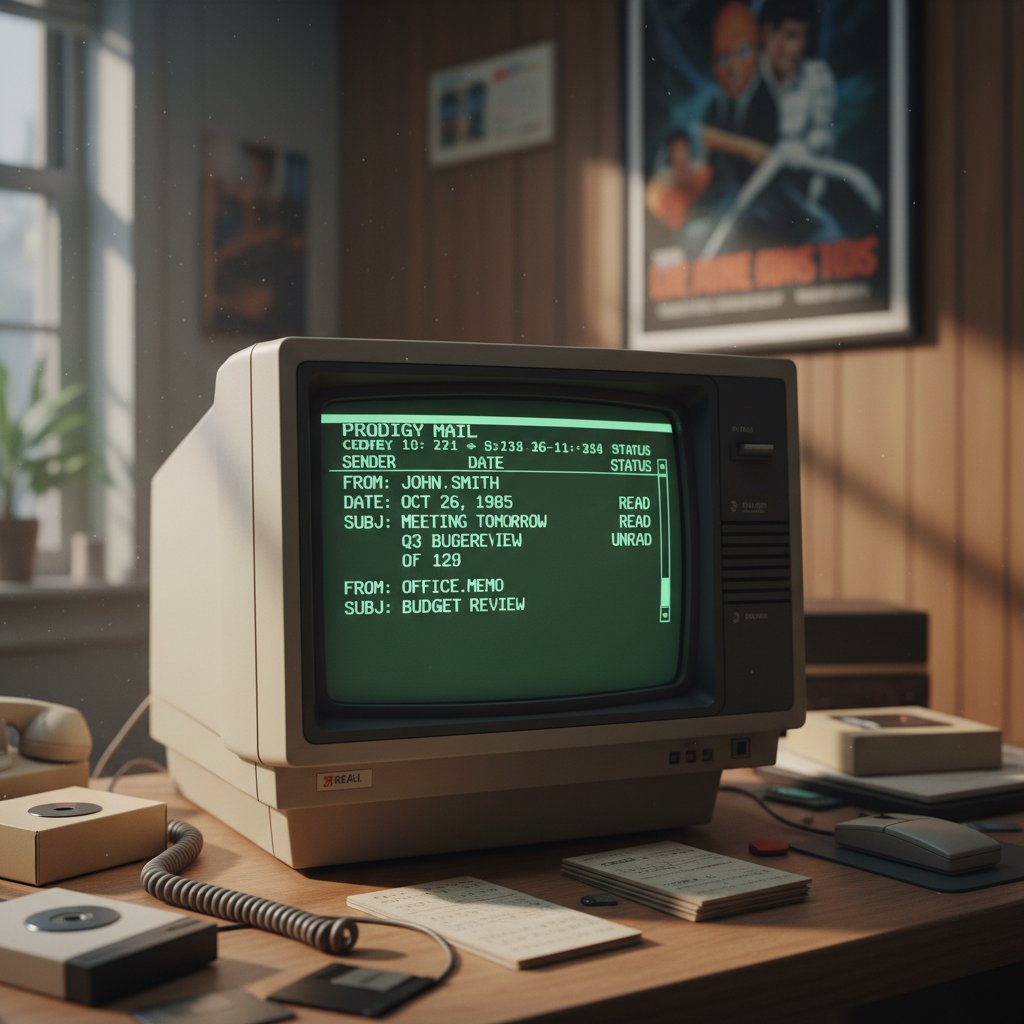 Vintage computer displaying early email system, symbolizing the history of email expertise