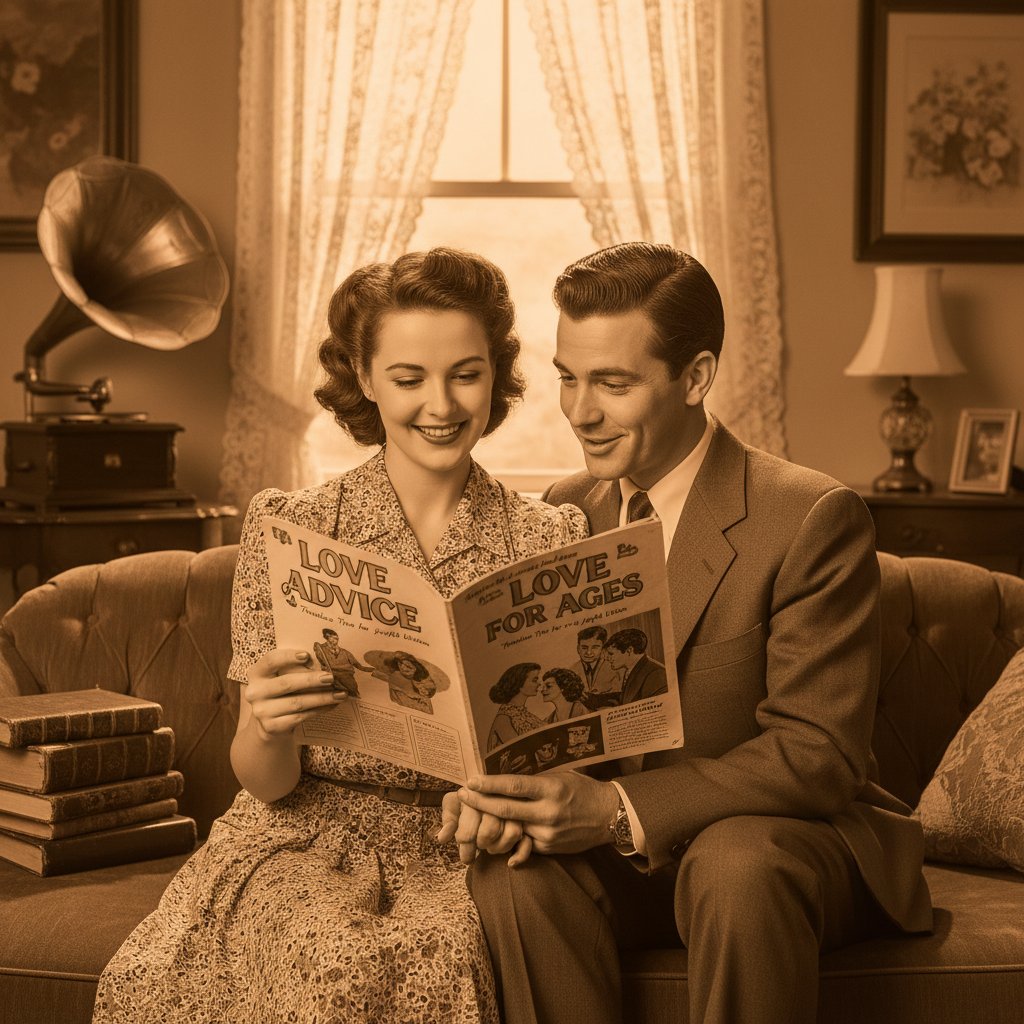 Vintage photo of a couple reading a love advice magazine, warm tones, nostalgic mood, digital relationship advice history