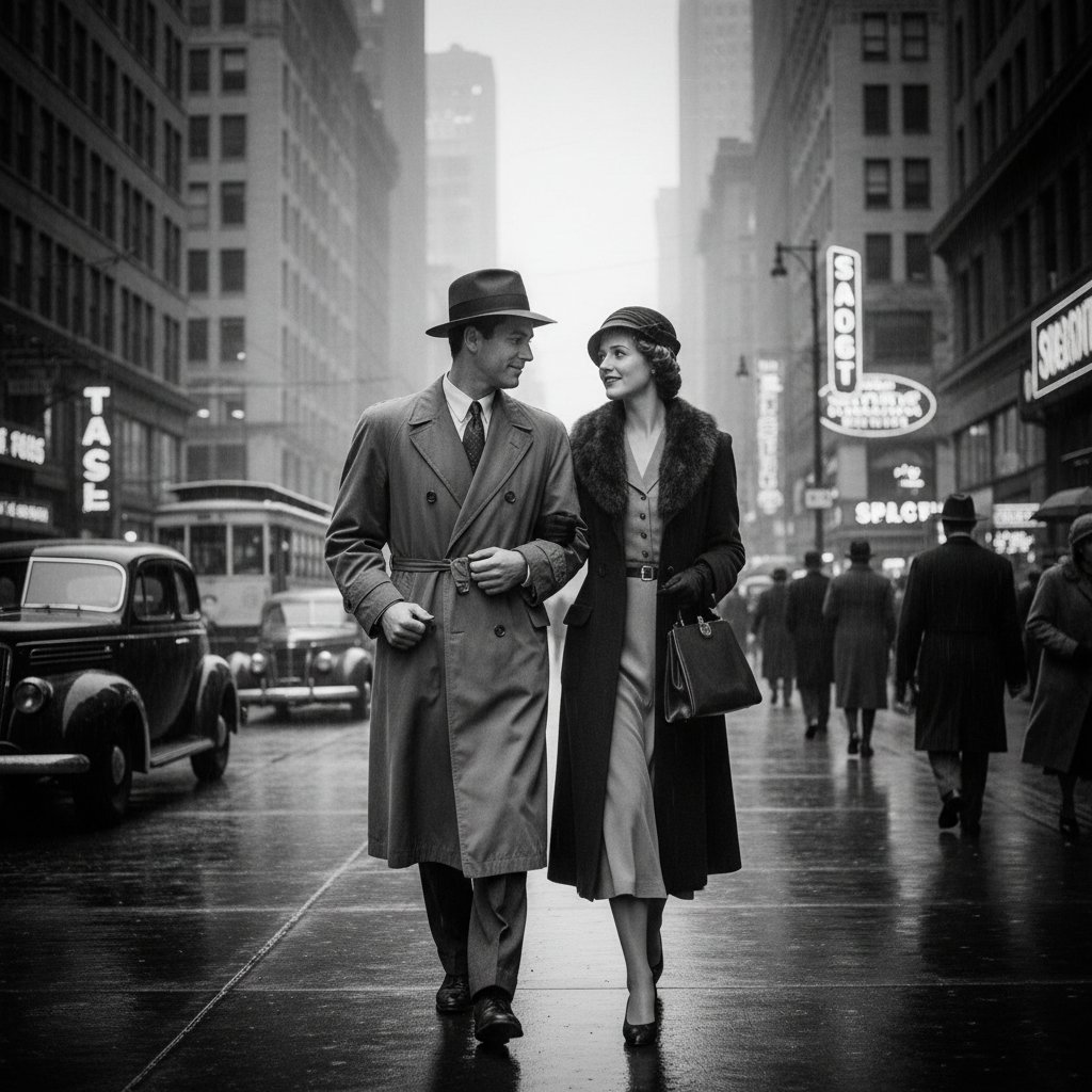 Couples from different eras contrast relationship ideals, with vintage and modern couples shown together