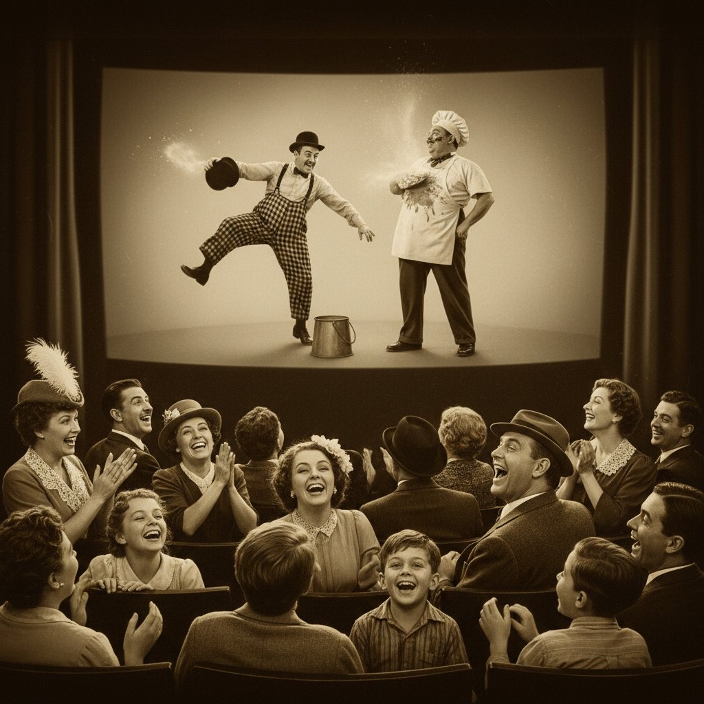 Vintage film still reimagined with modern, diverse audience enjoying slapstick humor, soft lighting