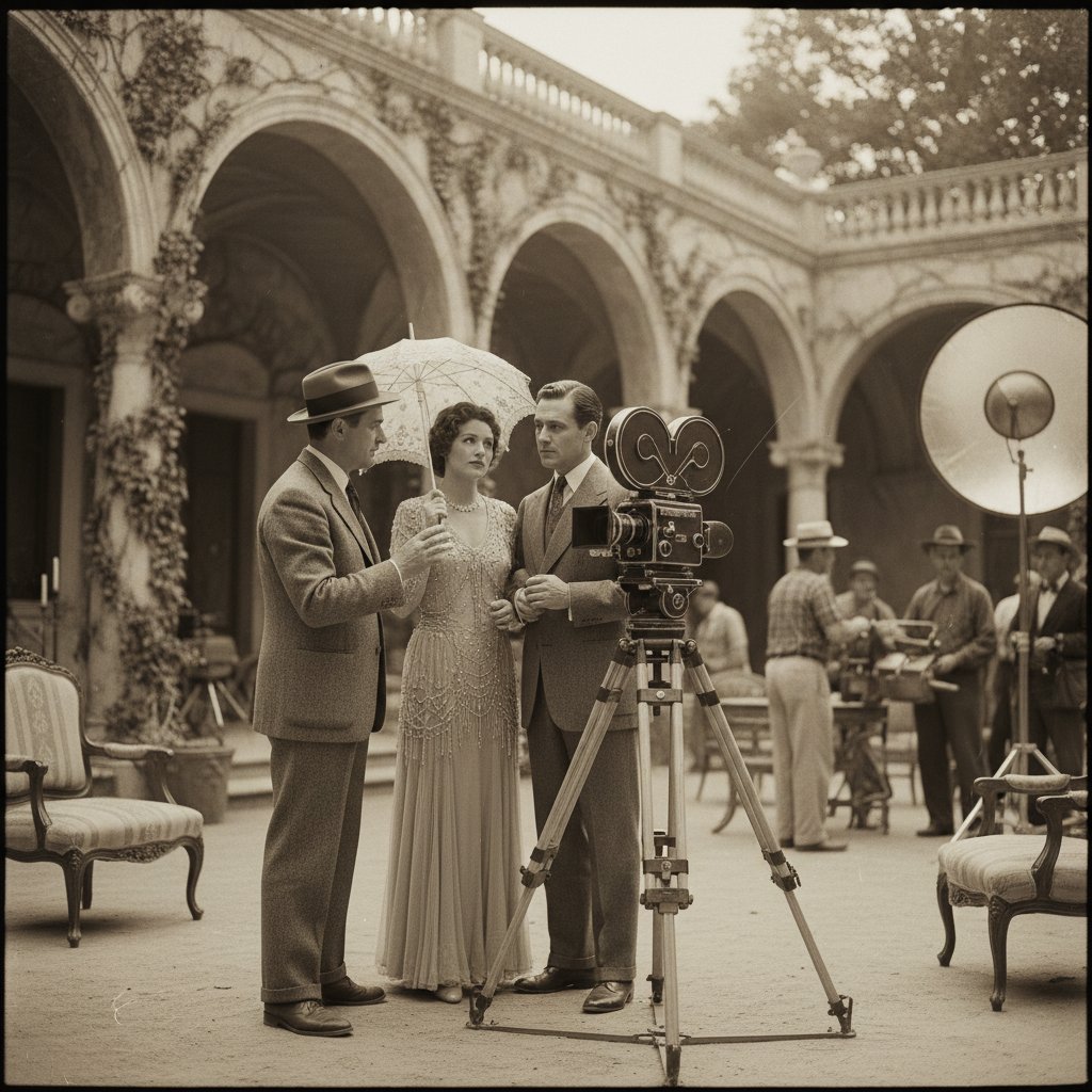 Vintage film camera on set, director coaching actors in an old Hollywood studio, evoking nostalgia for authentic comedy movies