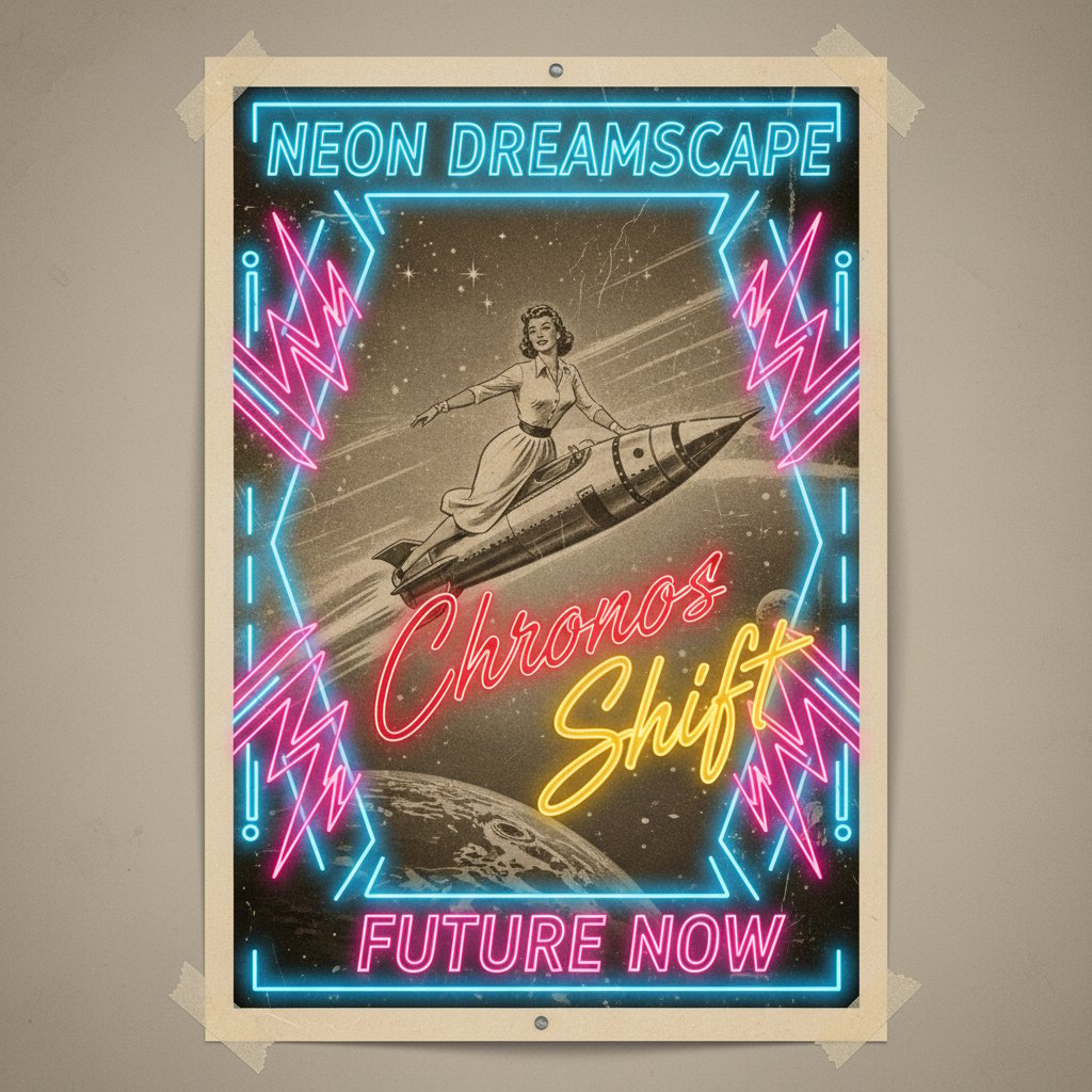Vintage film poster collage, modern neon overlays, edgy nostalgia