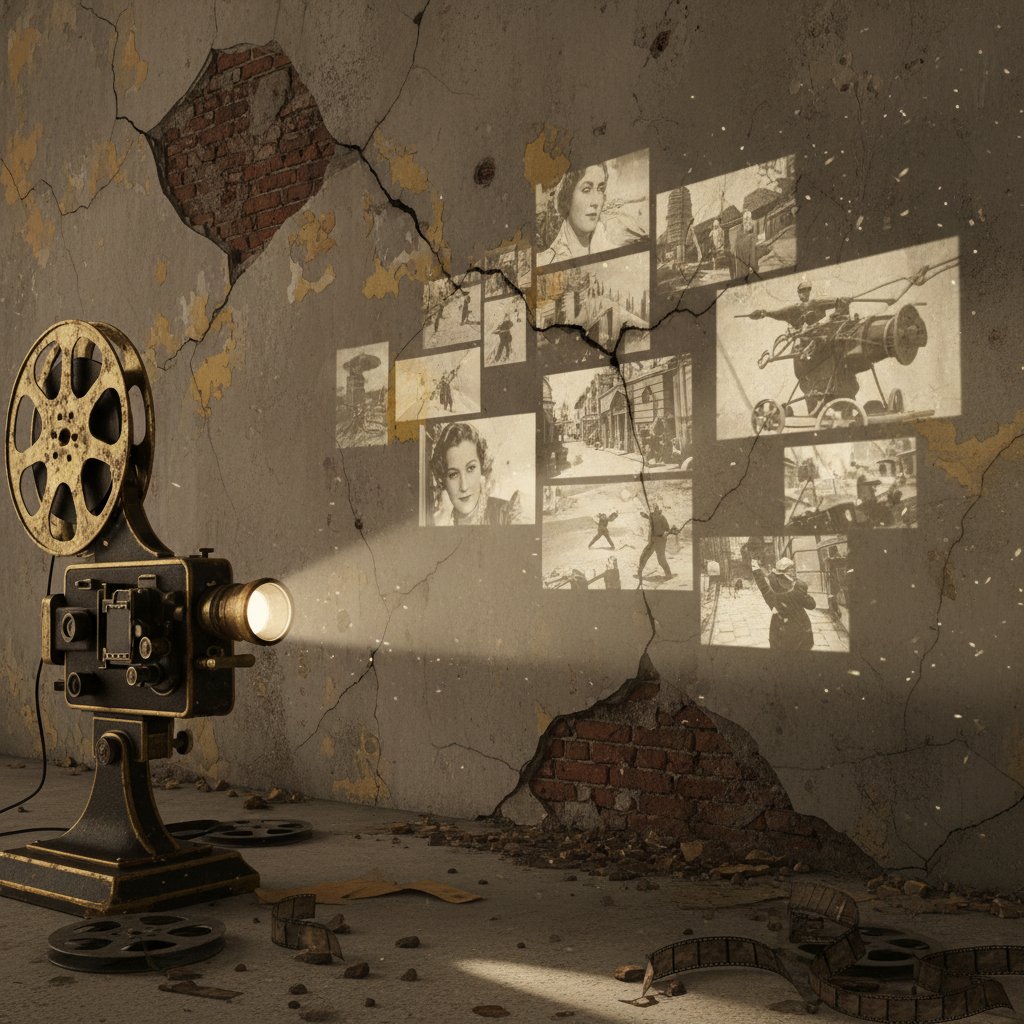 A vintage film projector casting fragmented movie scenes on a cracked wall, representing the radical return of the anthology format