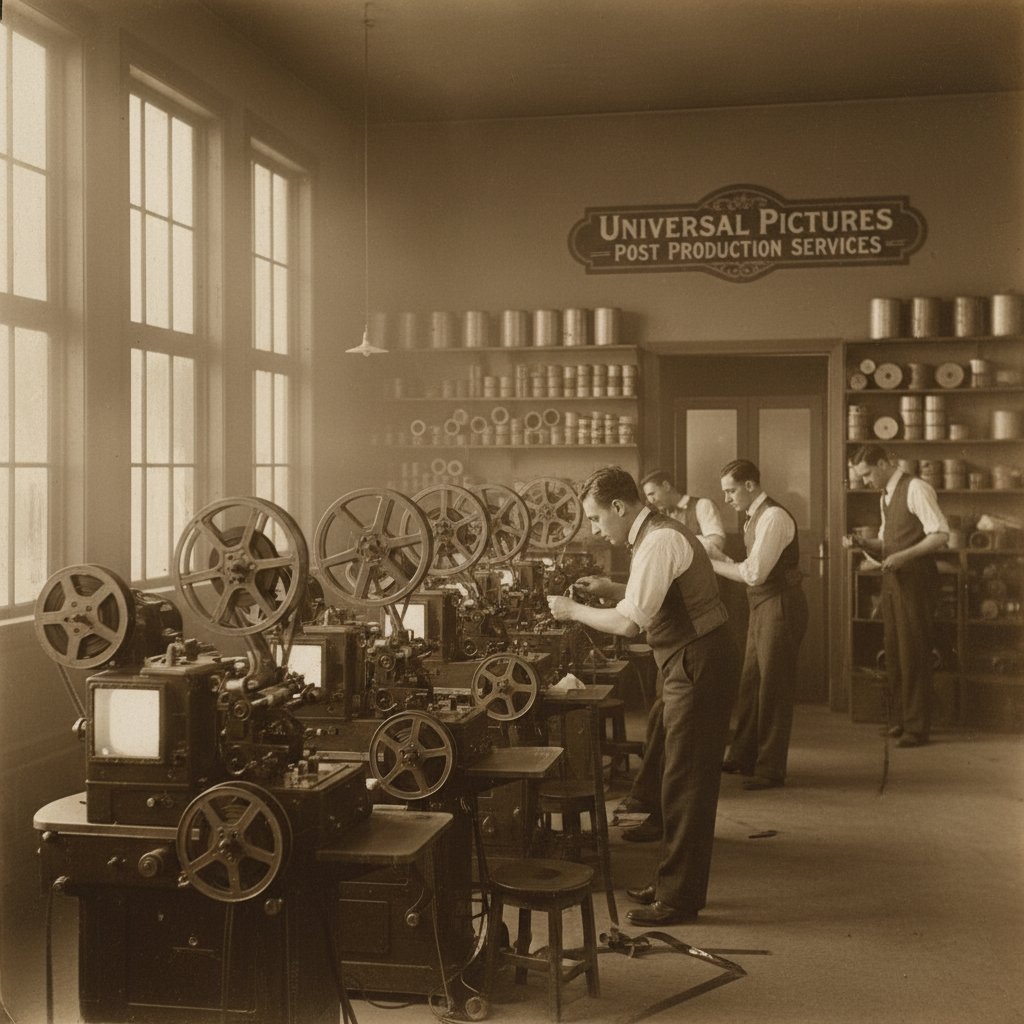 Vintage film studio, old-school editing, movie post services history, nostalgic smoke haze