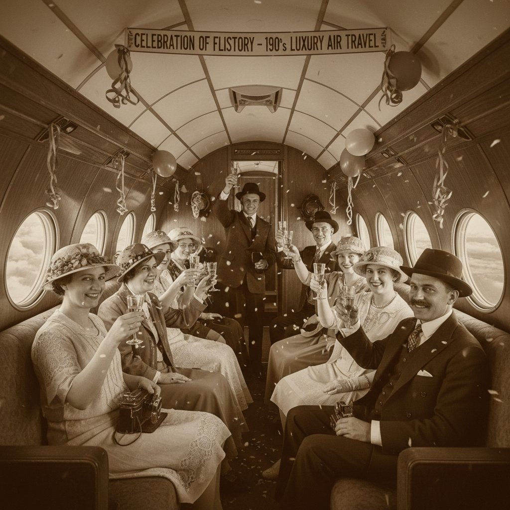 Vintage group celebrating in a classic airplane cabin, sepia tone, celebration flights history