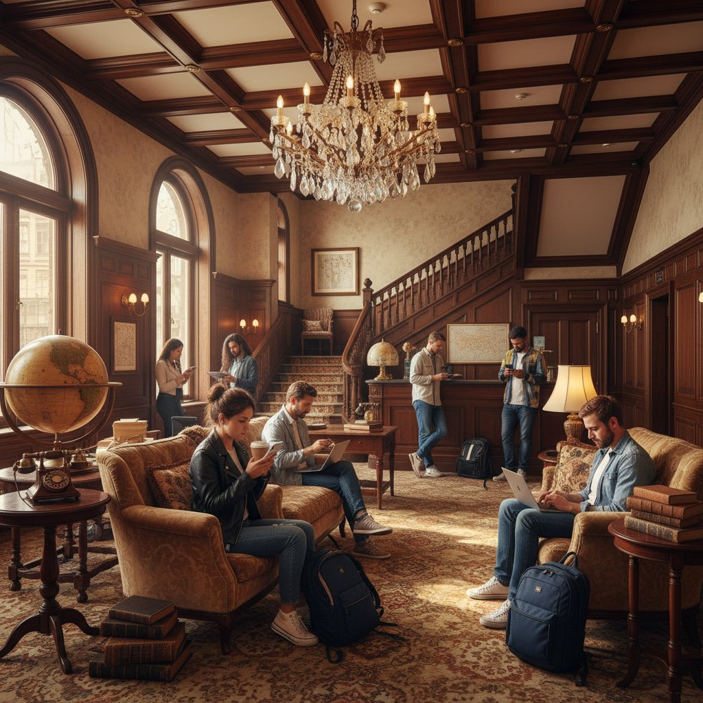 Vintage meets modern in a hotel lobby, showcasing bucket list hotel culture