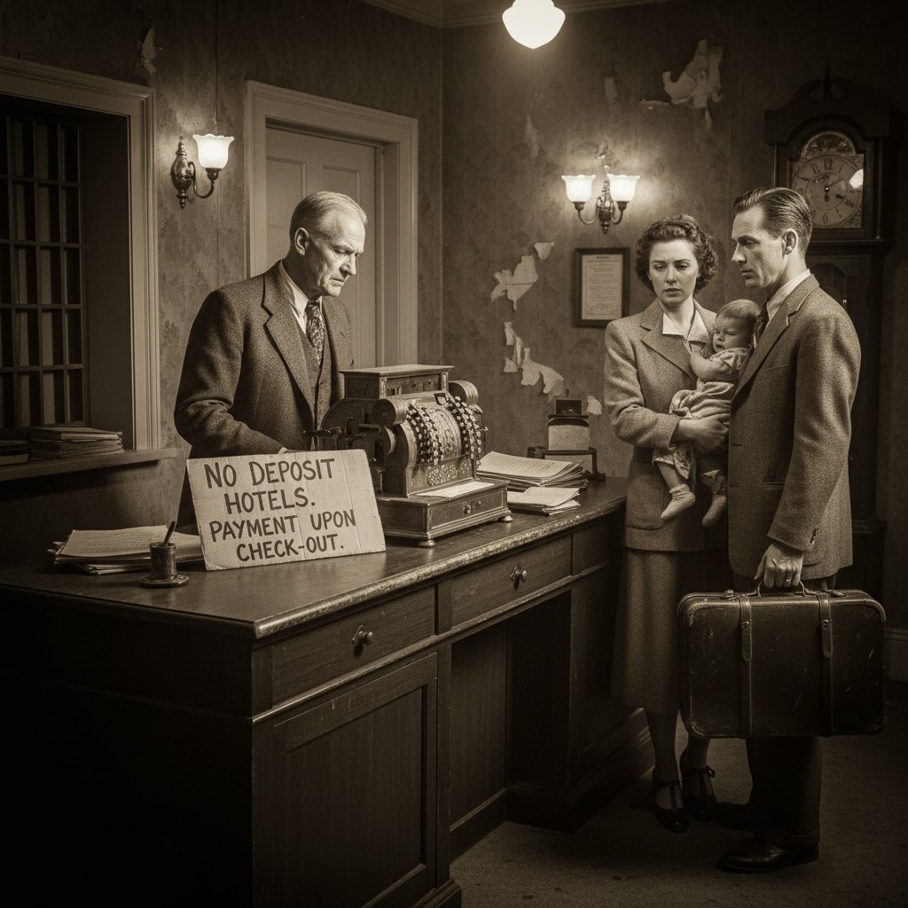 Vintage hotel reception desk with old-fashioned cash register, faded signage, tense mood, no deposit hotels history