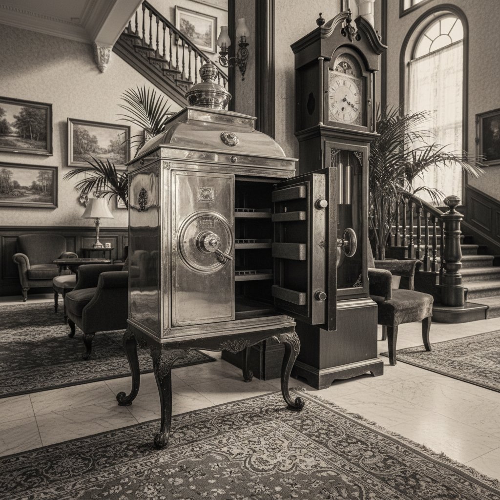 Historyczny sejf hotelowy w starym hotelu – zbliżenie na otwierany mechanizm w lobby retro