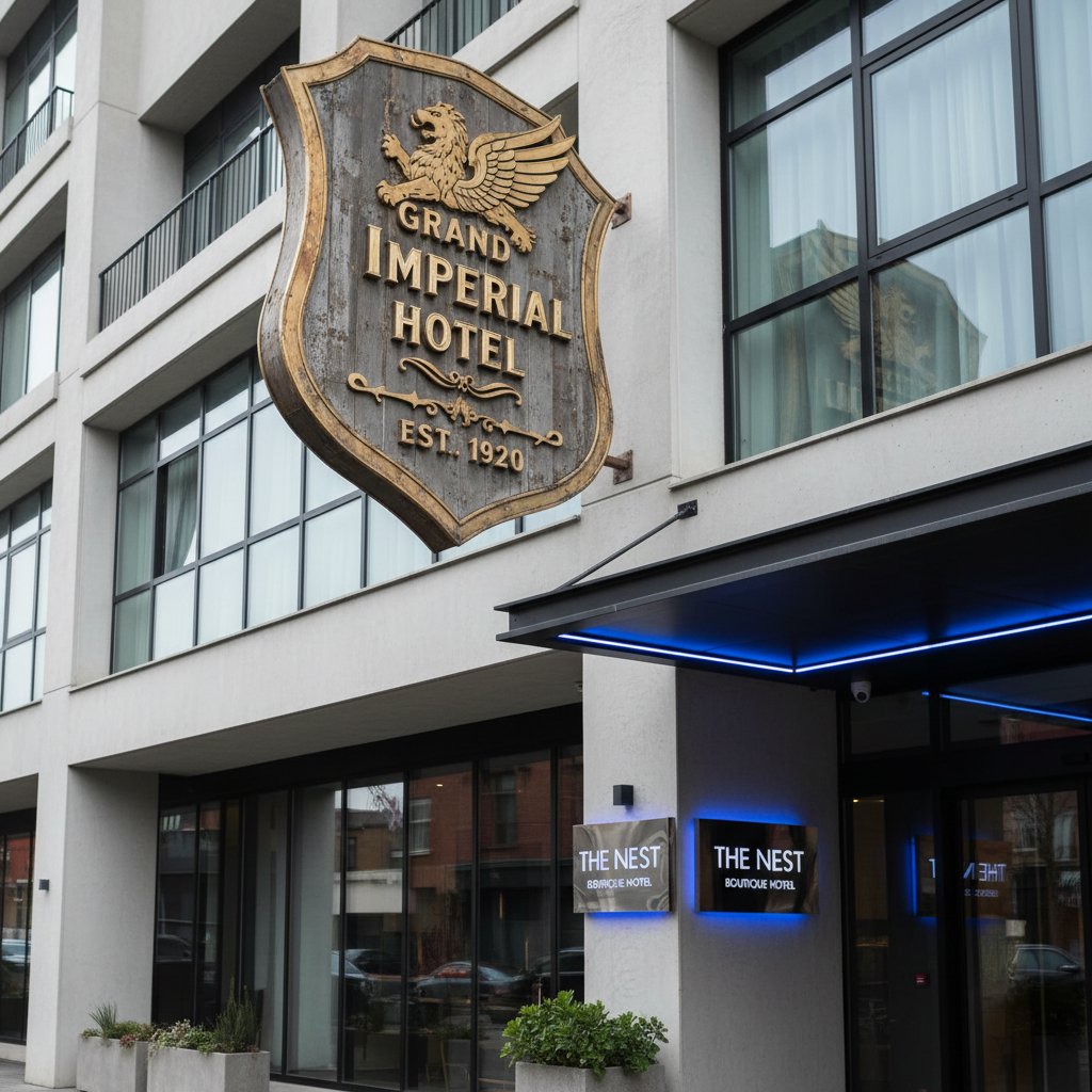 Vintage hotel sign beside sleek modern boutique property